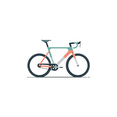 A minimalist illustration of a road bicycle with a colorful frame, black tires, and a sleek design, isolated on a white background.