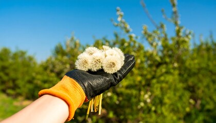 Hand holding dandelion seed heads