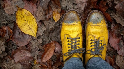 Worn yellow leather shoes amidst autumn leaves