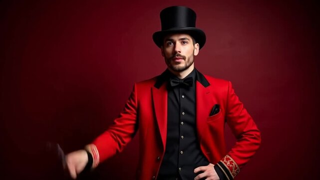 Dapper gentleman in red tuxedo and top hat holding a cane, exuding confidence and class