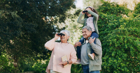Bird watching, grandparents and girl with family, countryside and bonding together with hobby....