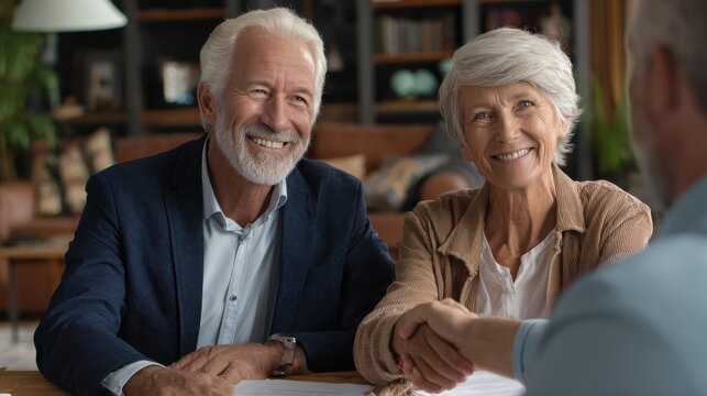 happy senior couple sealing with handshake a contract retired man making sale purchase deal concluding with a handshake elderly man and woman smiling while agree with financial advisor no logos no br