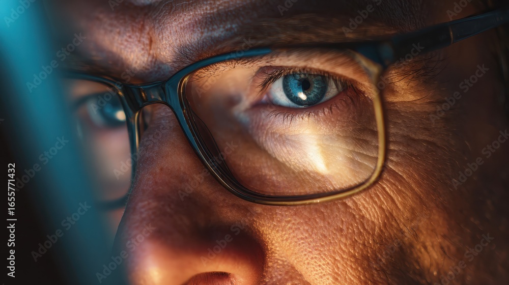 Poster close up view of focused businessman wears computer glasses for reducing eye strain blurred vision l