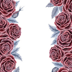 A frame with red roses and grey leaves arranged vertically. Watercolor illustration for postcards, prints, labels.
