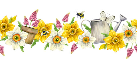 Seamless horizontal floral border made of yellow and white daffodils, green leaves, pink muscari, with a garden watering can and a flower pot, a butterfly and bumblebees. Vivid watercolor illustration