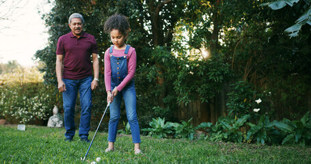 Grandfather, girl and playing golf outdoor for hobby, learning skills and teaching technique. Family, old man and kid with sports in garden for bonding together, practice support or child development