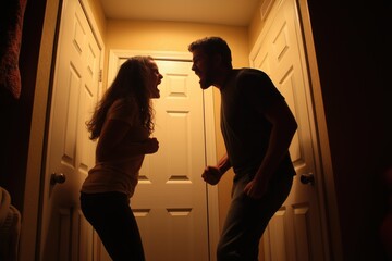 married couple is quarreling in the home. Silhouette of an aggressive husband and wife screaming. Family conflict and disagreements. The couple is fighting. Domestic violence and abusive relationships