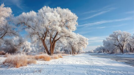 Snowy landscape with frost-covered trees and a frozen river