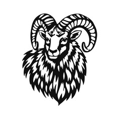Obraz premium Ram head vector illustration, black and white animal logo, wild horned goat design
