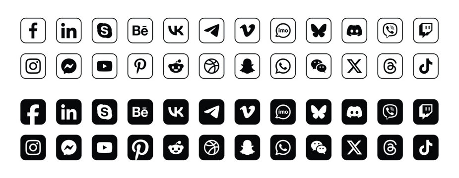 black social media logo icons set with solid and outline versions