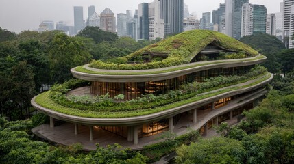 Lush green roof building amidst cityscape