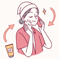 Illustration of a womans skin care routine, showing the steps of applying cream, a simple and cute drawing style