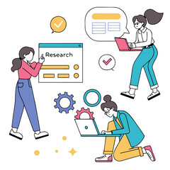 Team of young professionals collaborating on research project, analyzing data, and developing innovative solutions