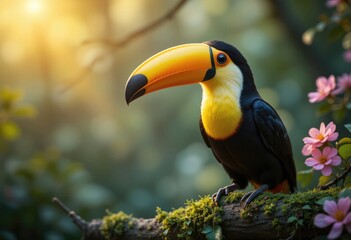 Naklejka premium Toucan perched on a mossy branch pink flowers in the background
