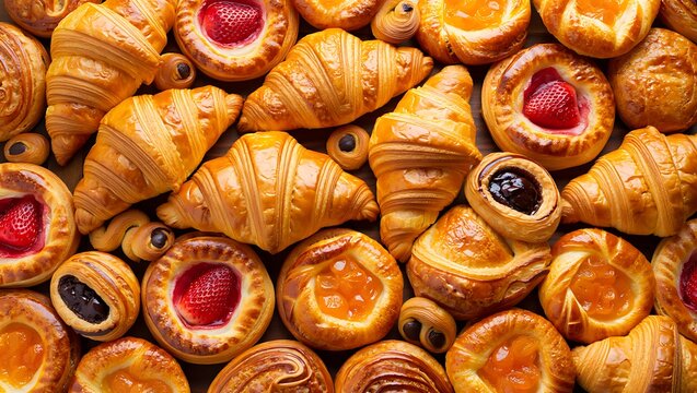 Overhead view of a vibrant assortment of golden glazed croissants, fruit tarts, and sweet danishes