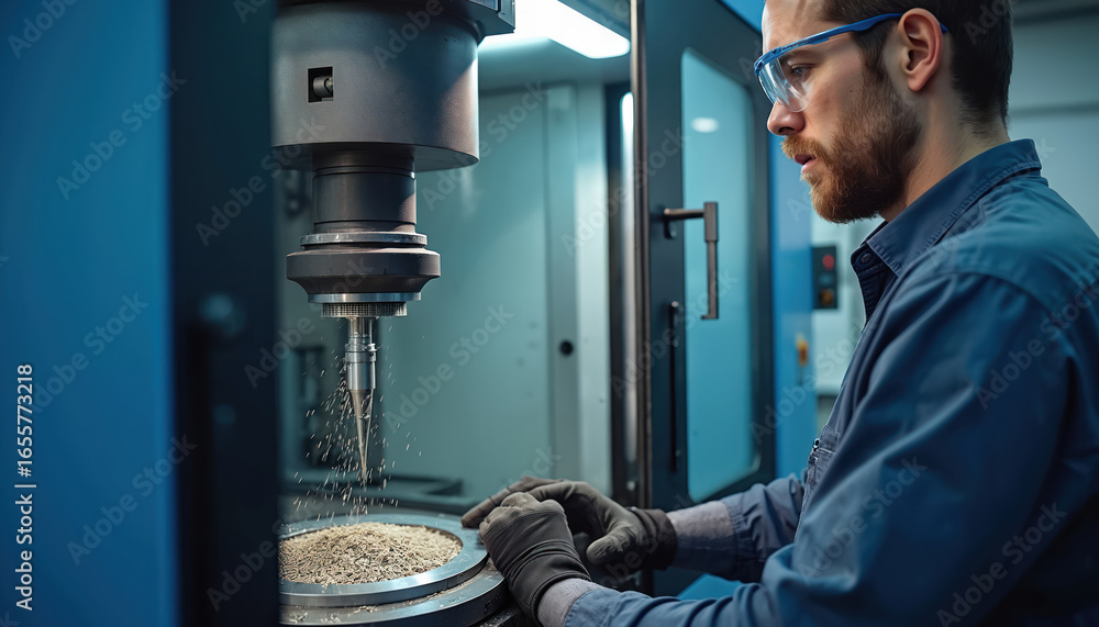 Aufkleber engineer operates cnc machine in industrial workshop. focus on computer-operated precision machining