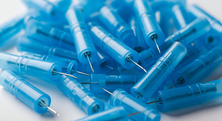 Pile of sterile lancets with blue caps on white background