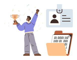 Person raising a trophy in celebration, ID badge and data folder with binary code nearby. Ideal for success, achievement, identity, career goals, data analysis, recognition education. Simple flat