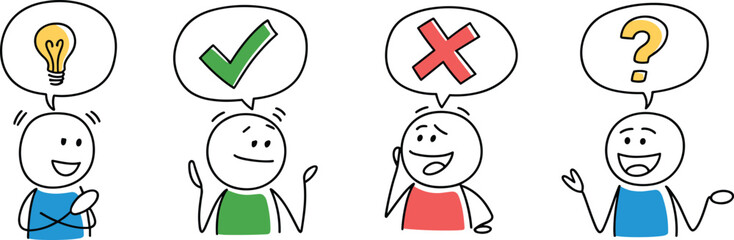 Stick figure cartoon characters with idea bulb, check mark, cross, and question mark icons, doodle style business communication symbols