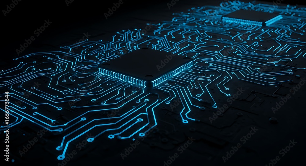 Fototapete central computer processors on a dark circuit board with glowing blue light trails symbolizing data 