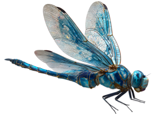 Artistic Side Profile of Blue Dragonfly with Shimmering Iridescence Isolated on Transparent Background PNG