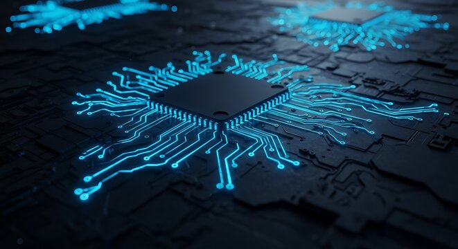 Futuristic CPU microchip on a circuit board with glowing blue light trails representing digital data flow and artificial intelligence.