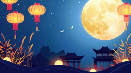Naklejka premium Vibrant Mid-Autumn Festival Backgrounds: Luminous Full Moons, Red Lanterns, and Mooncake Displays Against Traditional Patterns, Capturing Festive Warmth for Greeting Cards, Social Media Graphics, and 
