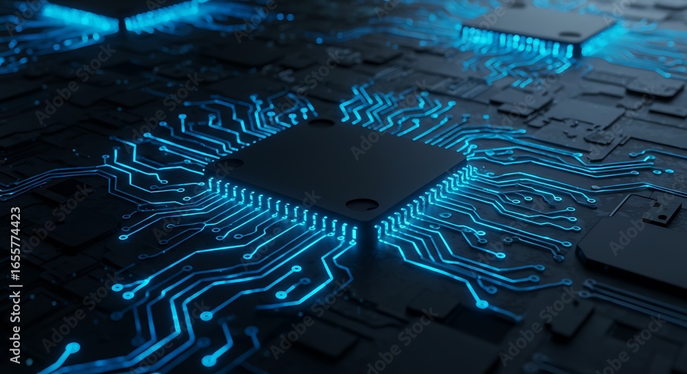 Poster glowing blue central processor unit on a futuristic circuit board, symbolizing advanced data process
