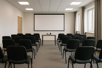 Fototapeta premium Prepared for Presentation: A meticulously designed, empty conference room, ideal for corporate meetings or training sessions. Featuring a blank projector screen, rows of chairs.