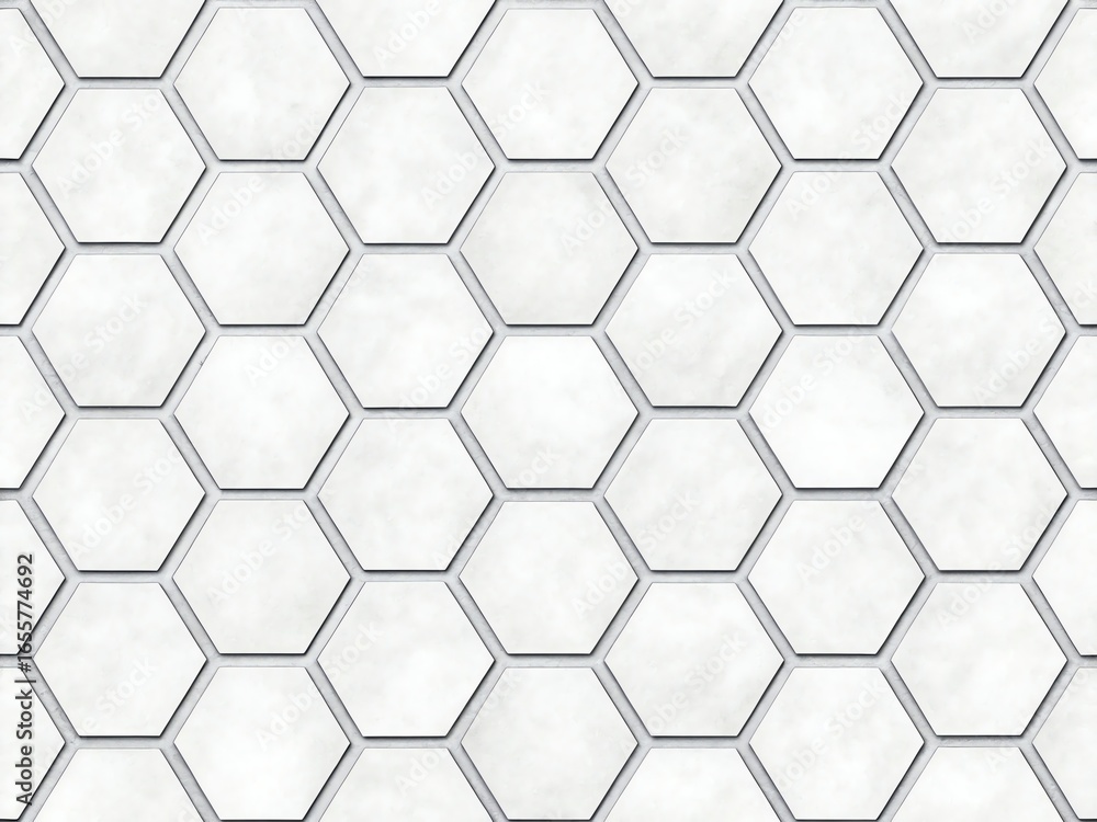 Poster seamless geometric pattern of white hexagonal tiles with subtle shadows