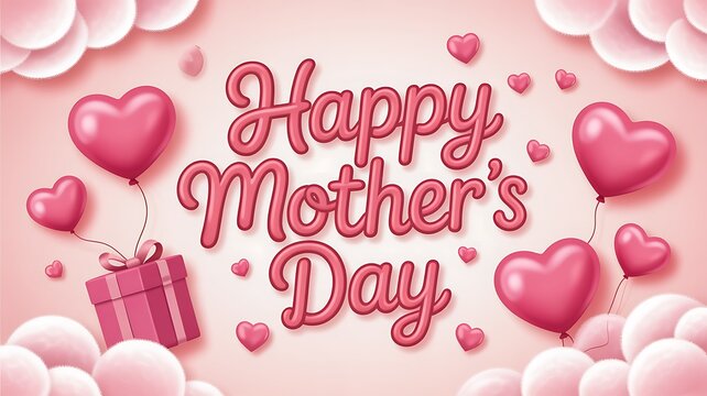 Happy Mothers Day Pink Background with Heart Balloons and Gift Box Ideal for Greeting Cards and Celebrations