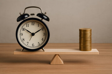 Time vs. Money: An alarm clock and a stack of coins on a scale symbolize the interplay between time and money in the pursuit of success.