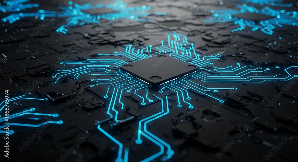 Poster close-up of a powerful computer microchip with luminous blue connections, illustrating concepts of b