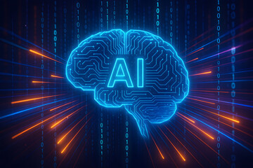AI Brain Innovation: A neon-lit brain, intricately designed with circuit patterns, features AI at its center, reflecting the forefront of technological innovation.
