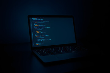 Coding on laptop: Illuminated laptop displaying lines of code in a dark room, emphasizing the intricacies of programming and the digital world.