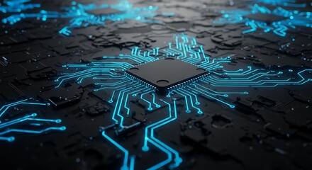 Close-up of a powerful computer microchip with luminous blue connections, illustrating concepts of big data, AI, and future technology.
