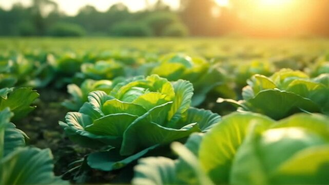 lush green cabbage field at golden sunset