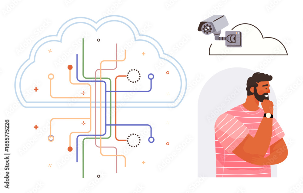 Aufkleber cloud with circuit lines symbolizing data networks, surveillance camera, and pensive person explorin