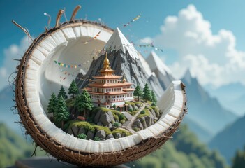 Coconut shell containing a building with trees and mountains