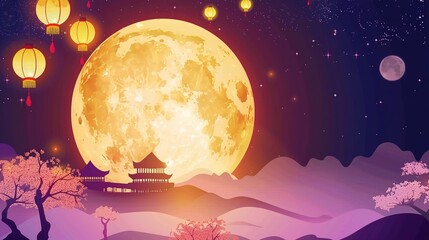 Fototapeta premium Vibrant Mid-Autumn Festival Backgrounds: Luminous Full Moons, Red Lanterns, and Mooncake Displays Against Traditional Patterns, Capturing Festive Warmth for Greeting Cards, Social Media Graphics, and 