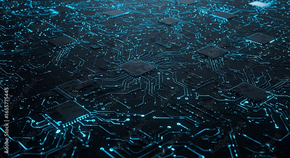 Aufkleber abstract background of a high-tech circuit board with glowing blue light and microprocessors