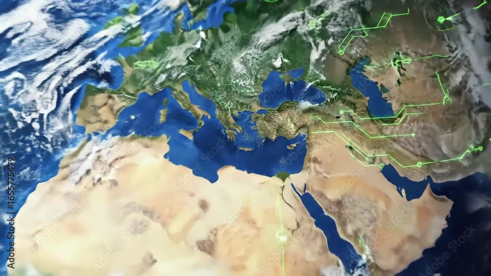 Aufkleber global ecotechnologies network - a digital video of earth overlaid with pulsating green circuits, sy