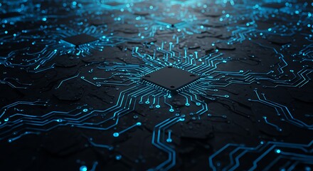 Futuristic digital landscape of a glowing blue central processor unit on a complex circuit board