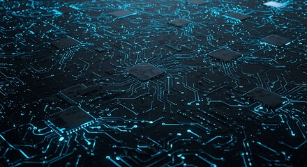 Abstract background of a high-tech circuit board with glowing blue light and microprocessors