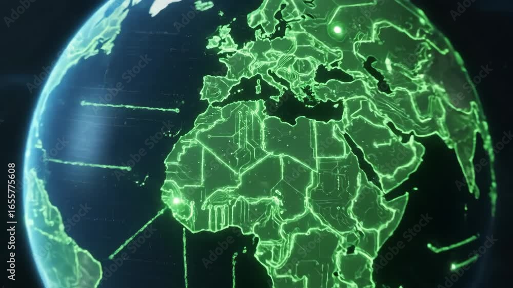 Poster global ecotechnologies network - a digital video of earth with pulsating green circuits overlaying i