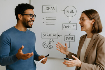 Collaborative Strategy: Two individuals engage in a focused discussion in front of a detailed flowchart. Illustrating their shared commitment to planning and strategic development