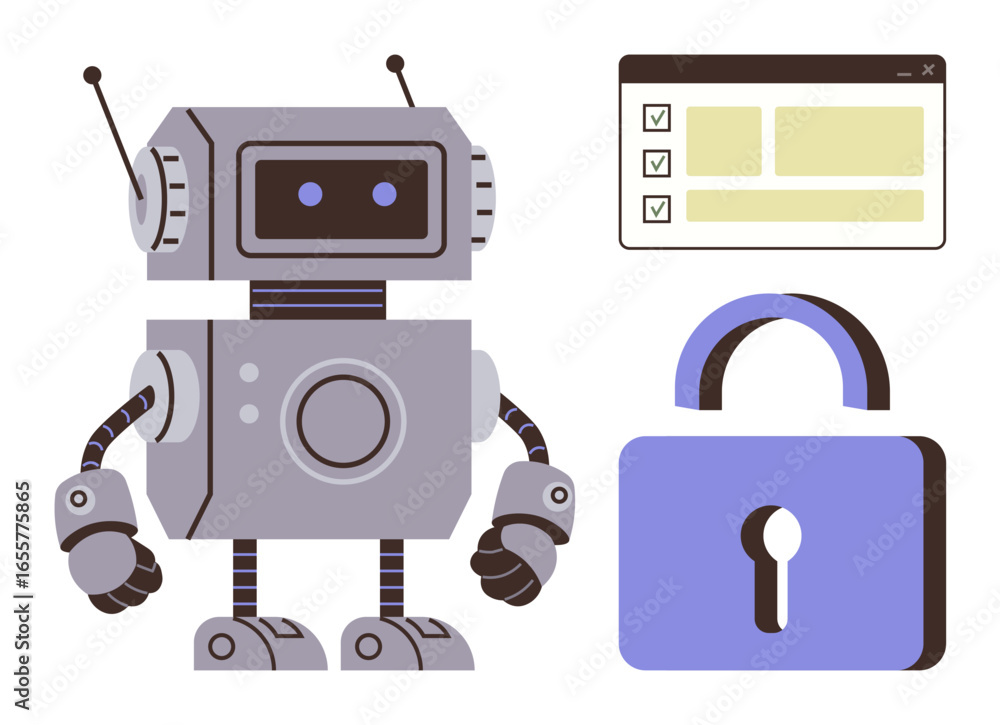 Poster friendly robot figure next to a large padlock and checklist-style interface. ideal for technology, c