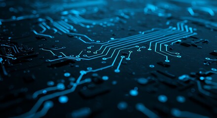 Abstract technology background with a detailed view of a blue circuit board's glowing electronic network