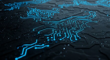 Intricate glowing blue circuit board forming a map of the world, symbolizing global technology and data networks.