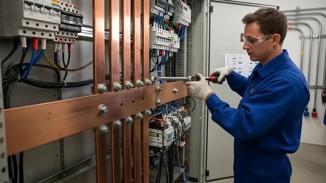 Electrician performing maintenance on electrical panel with copper busbars and circuit breakers in a workshop